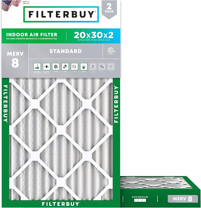 20x30x2 Air Filter MERV 8 Essential Dust & Allergy Defense (2-Pack), Electrostatic Pleated HVAC AC Furnace Filters