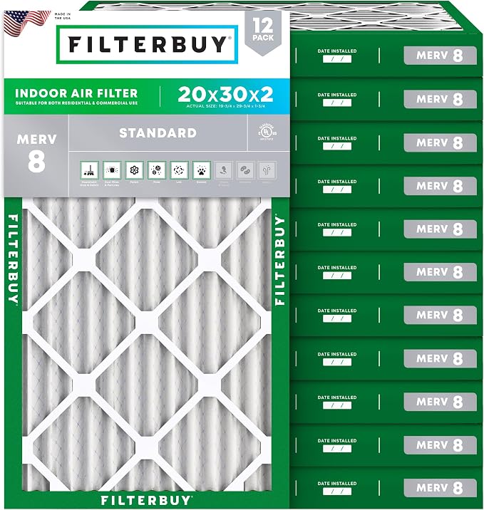 20x30x2 Air Filter MERV 8 Essential Dust & Allergy Defense (12-Pack), Electrostatic Pleated HVAC AC Furnace