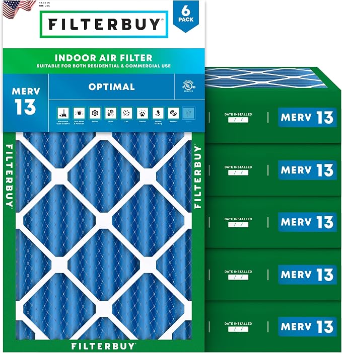 20x30x4 Air Filter MERV 13 Optimal Smoke & Allergy Defense (6-Pack), Electrostatic Pleated HVAC AC Furnace