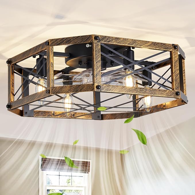 21-inch Square Cage Ceiling Fan with Light, Low Profile Flush Mount Small Ceiling Fan, E12 Sockets (Bulbs Not Included)