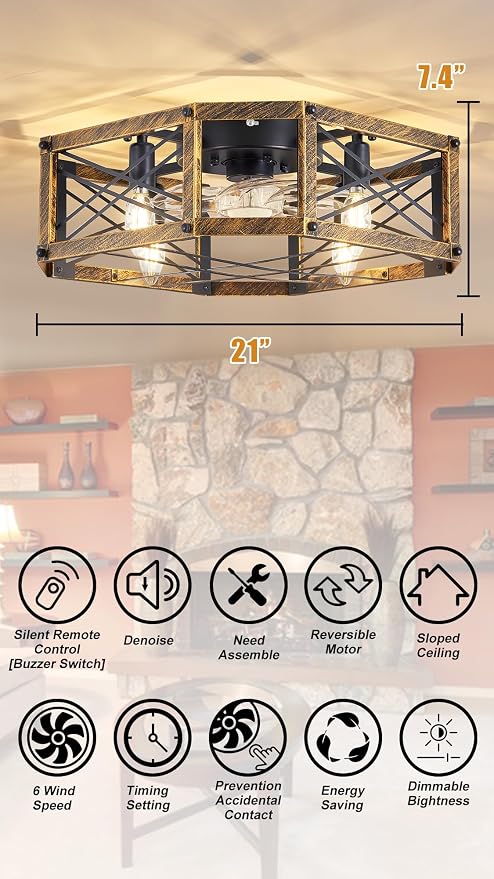 21-inch Square Cage Ceiling Fan with Light, Low Profile Flush Mount Small Ceiling Fan, E12 Sockets (Bulbs Not Included)