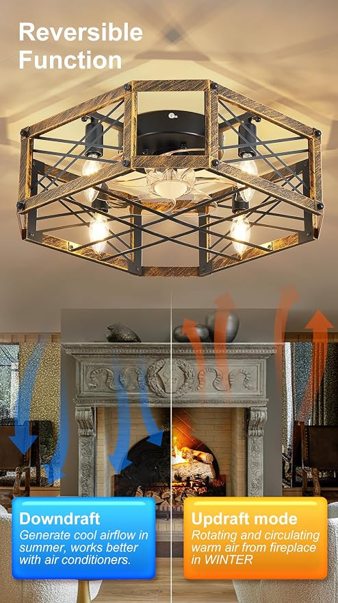 21-inch Square Cage Ceiling Fan with Light, Low Profile Flush Mount Small Ceiling Fan, E12 Sockets (Bulbs Not Included)