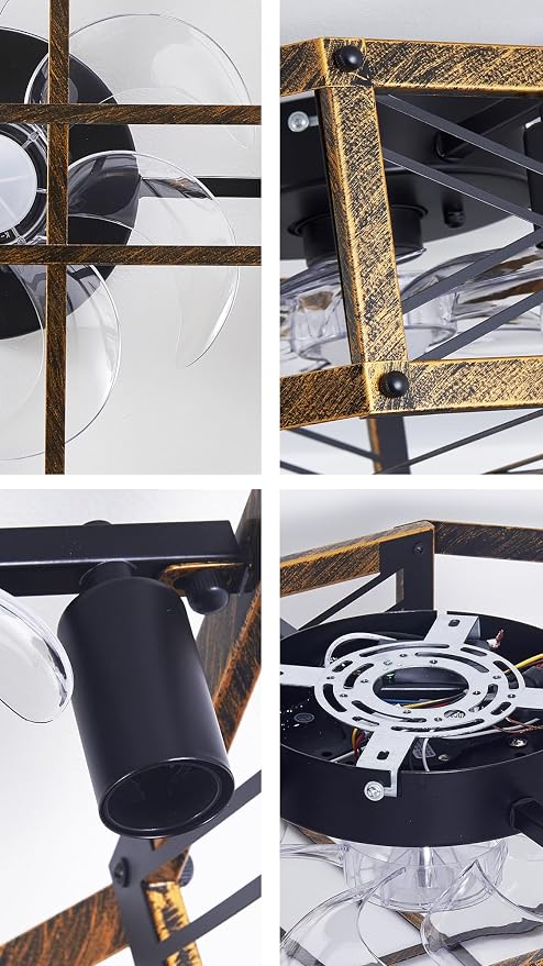 21-inch Square Cage Ceiling Fan with Light, Low Profile Flush Mount Small Ceiling Fan, E12 Sockets (Bulbs Not Included)
