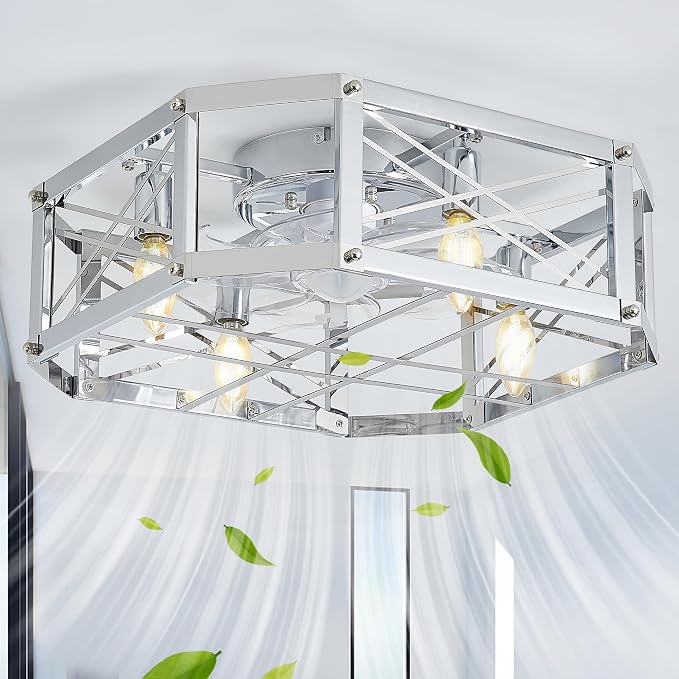 21-inch Square Cage Ceiling Fan with Light, Low Profile Flush Mount Small Ceiling Fan, E12 Sockets (Bulbs Not Included)