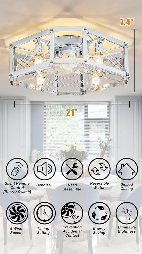 21-inch Square Cage Ceiling Fan with Light, Low Profile Flush Mount Small Ceiling Fan, E12 Sockets (Bulbs Not Included)