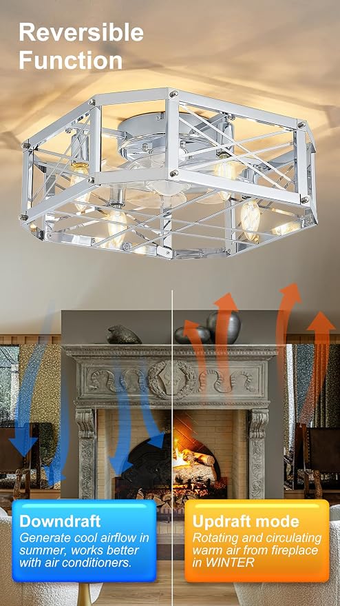 21-inch Square Cage Ceiling Fan with Light, Low Profile Flush Mount Small Ceiling Fan, E12 Sockets (Bulbs Not Included)