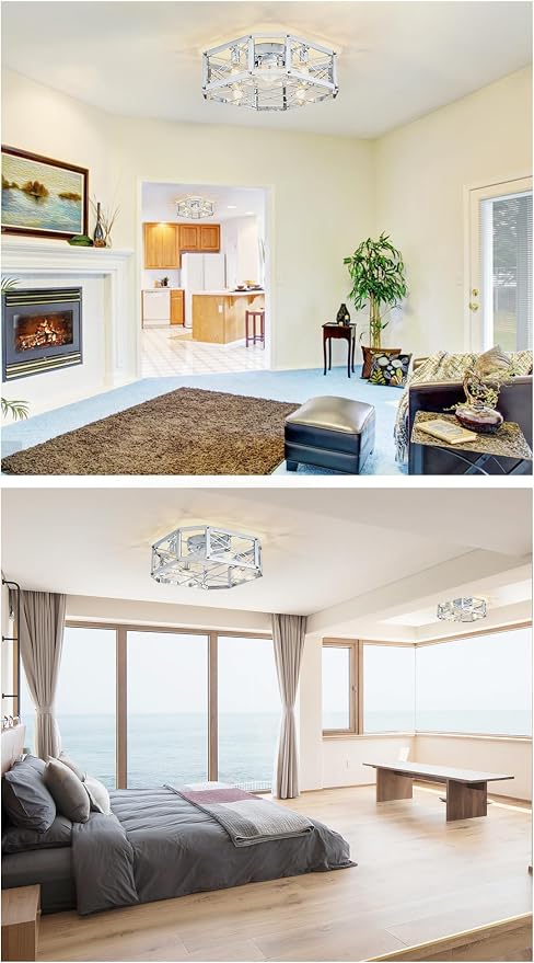21-inch Square Cage Ceiling Fan with Light, Low Profile Flush Mount Small Ceiling Fan, E12 Sockets (Bulbs Not Included)