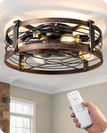 21" Pre-Assembled Ceiling Fans with Lights Flush Mount, 10%-100% Dimmable, Rustic Low Profile Caged Ceiling Fan with Remote