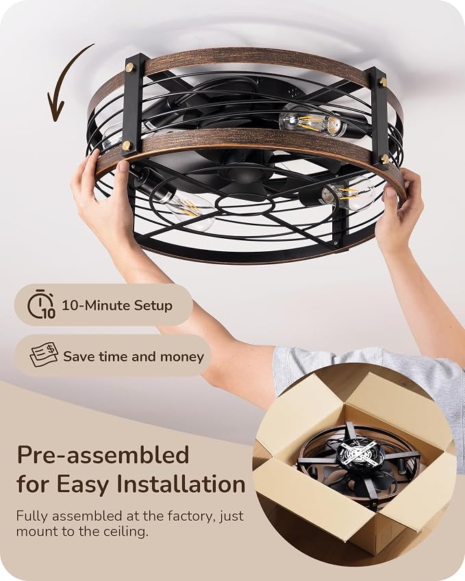 21" Pre-Assembled Ceiling Fans with Lights Flush Mount, 10%-100% Dimmable, Rustic Low Profile Caged Ceiling Fan with Remote