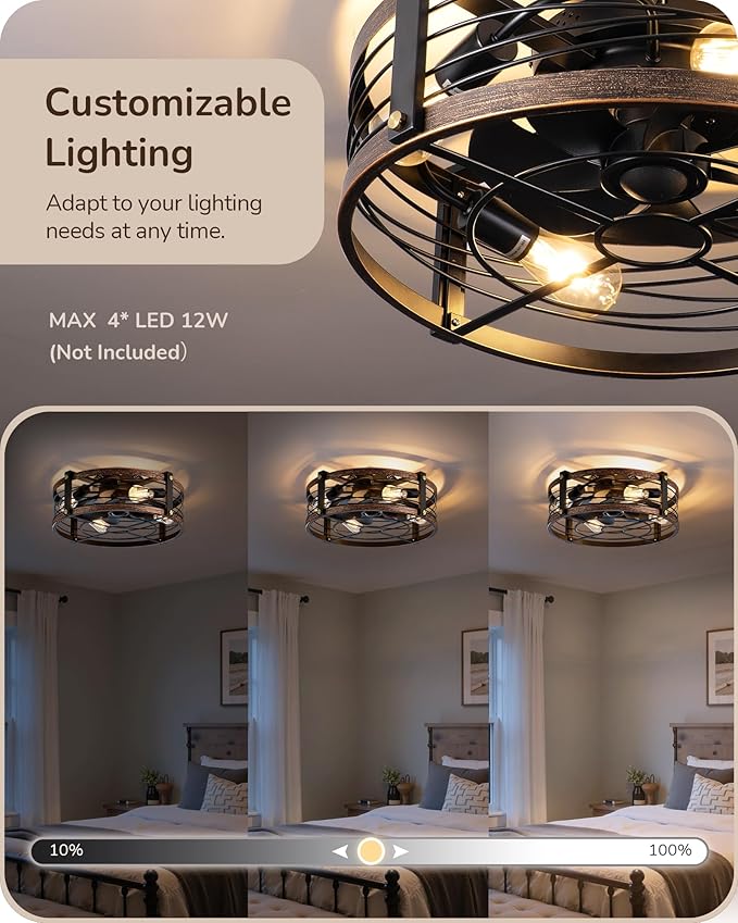 21" Pre-Assembled Ceiling Fans with Lights Flush Mount, 10%-100% Dimmable, Rustic Low Profile Caged Ceiling Fan with Remote