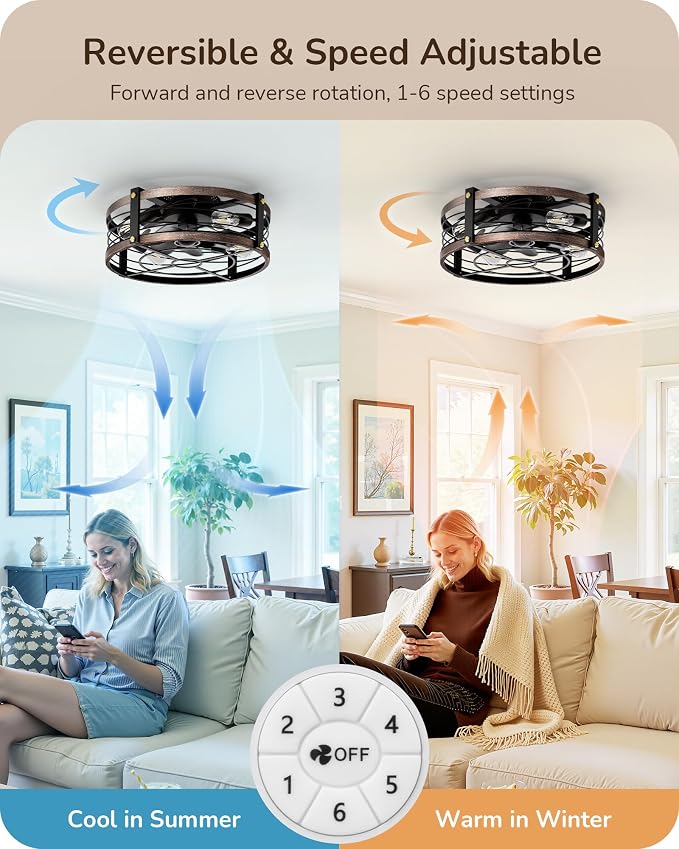 21" Pre-Assembled Ceiling Fans with Lights Flush Mount, 10%-100% Dimmable, Rustic Low Profile Caged Ceiling Fan with Remote
