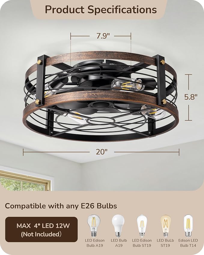 21" Pre-Assembled Ceiling Fans with Lights Flush Mount, 10%-100% Dimmable, Rustic Low Profile Caged Ceiling Fan with Remote