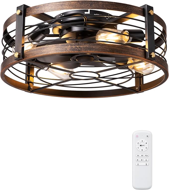 21" Pre-Assembled Ceiling Fans with Lights Flush Mount, 10%-100% Dimmable, Rustic Low Profile Caged Ceiling Fan with Remote