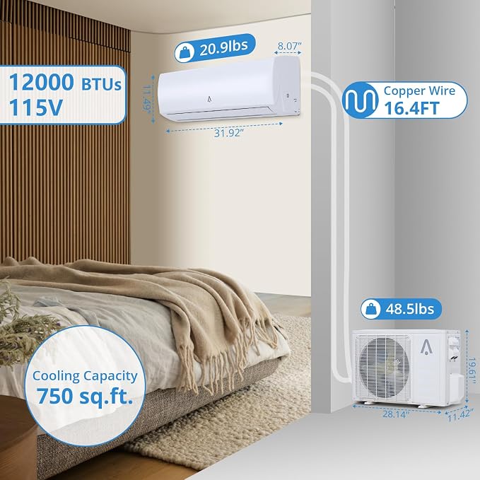 21 Seer2 Split Air Conditioner, 12,000 Btus Mini Split Ac/Heating System, Inverter Ductless Air Conditioner w/Alexa, Heat