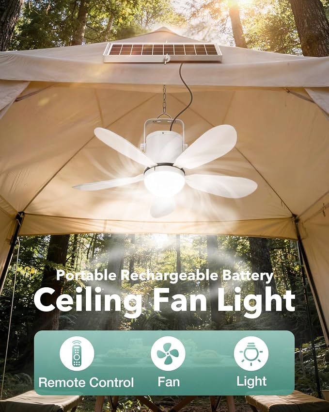 21” Solar Ceiling Fan Light, 35W Solar Powered Gazebo Fan with Remote Control, alternate product view 2