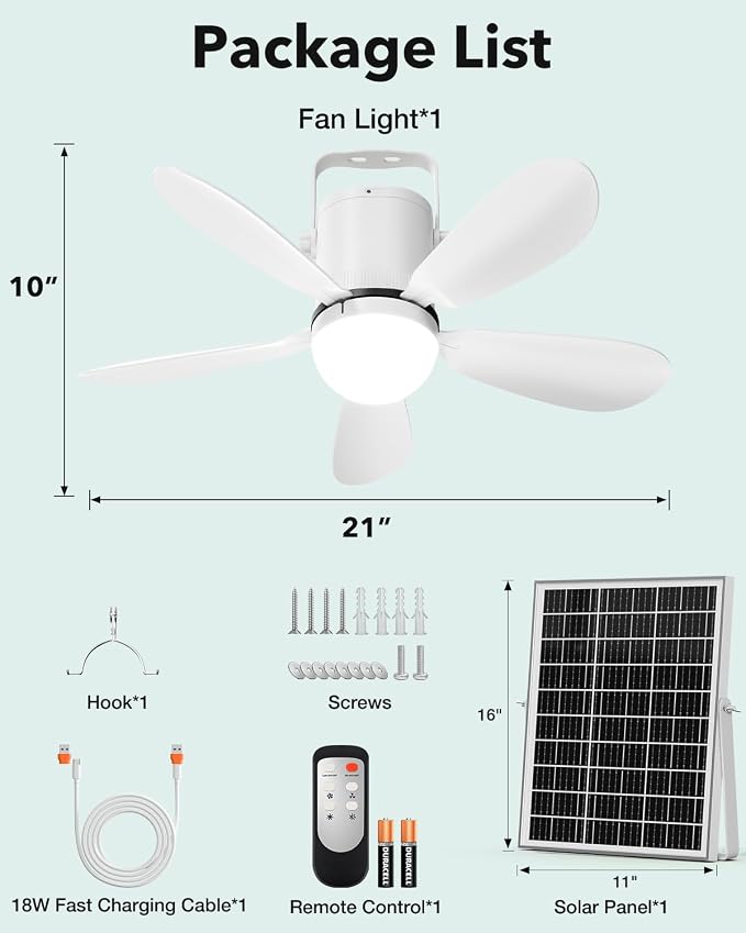 21” Solar Ceiling Fan Light, 35W Solar Powered Gazebo Fan with Remote Control, alternate product view 9
