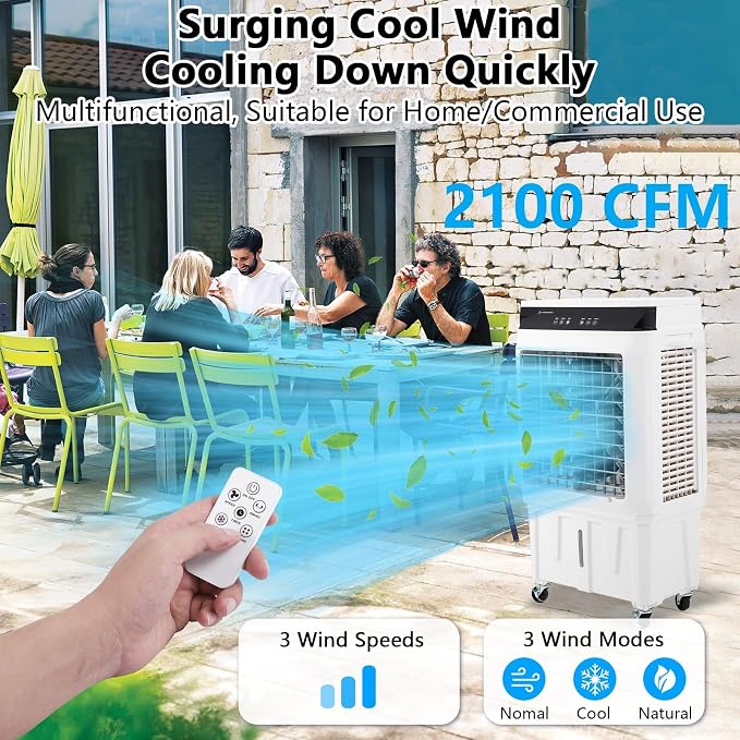 2100 CFM Evaporative Air Cooler, 8.4 Gallon Swamp Cooler with Remote Control, 3 Speeds, 12h Timer, 3-in-1 Swamp Cooler Air