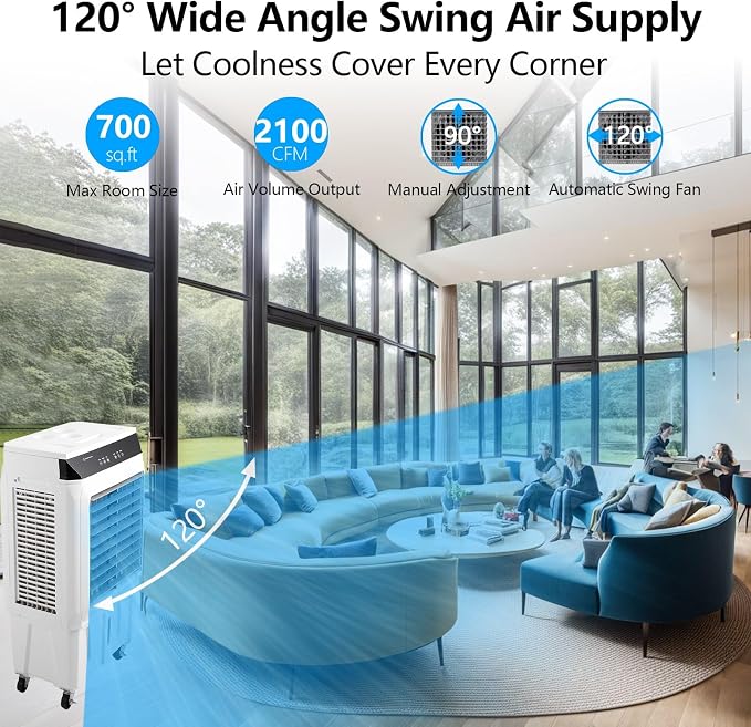 2100 CFM Evaporative Air Cooler, 8.4 Gallon Swamp Cooler with Remote Control, 3 Speeds, 12h Timer, 3-in-1 Swamp Cooler Air