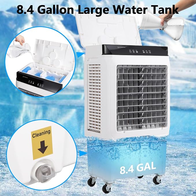 2100 CFM Evaporative Air Cooler, 8.4 Gallon Swamp Cooler with Remote Control, 3 Speeds, 12h Timer, 3-in-1 Swamp Cooler Air