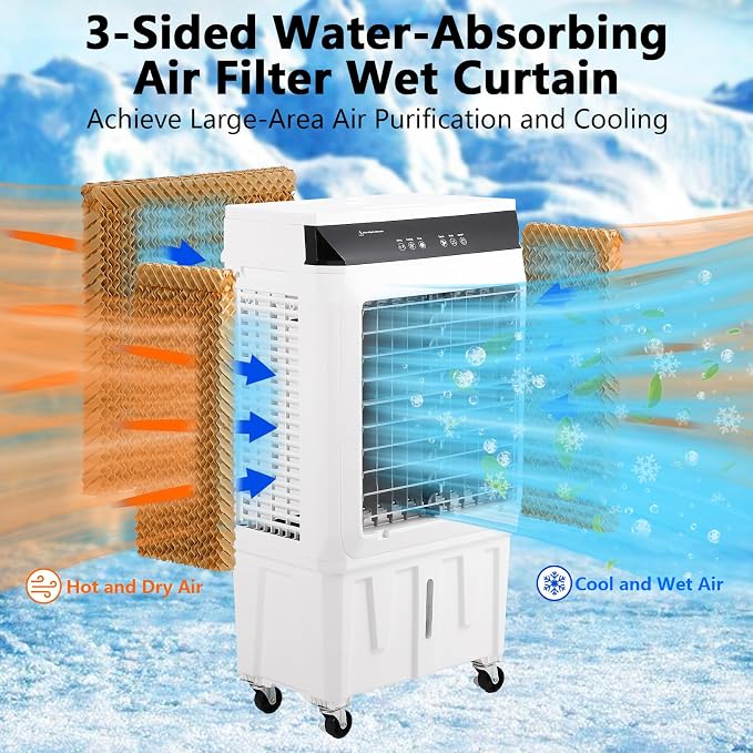 2100 CFM Evaporative Air Cooler, 8.4 Gallon Swamp Cooler with Remote Control, 3 Speeds, 12h Timer, 3-in-1 Swamp Cooler Air