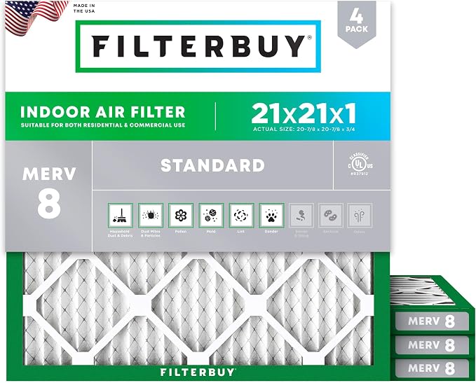 21x21x1 Air Filter MERV 8 Essential Dust & Allergy Defense (4-Pack), Electrostatic Pleated HVAC AC Furnace Filters
