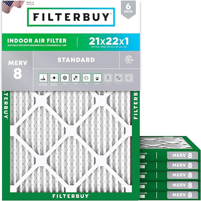 21x22x1 Air Filter MERV 8 Essential Dust & Allergy Defense (6-Pack), Electrostatic Pleated HVAC AC Furnace