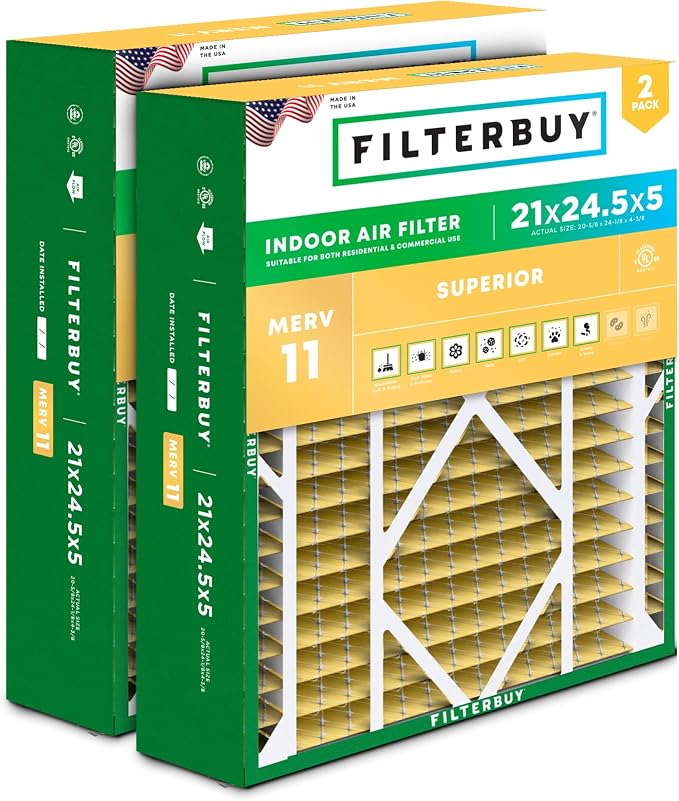 21x24.5x5 Air Filter MERV 11 Superior Pet & Allergy Defense (2-Pack), Electrostatic Pleated HVAC AC Furnace Filters for