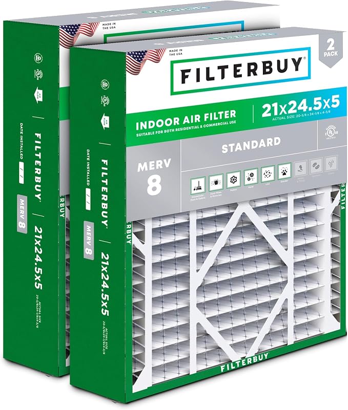21x24.5x5 Air Filter MERV 8 Essential Dust & Allergy Defense (2-Pack), Electrostatic Pleated HVAC AC Furnace Filters for
