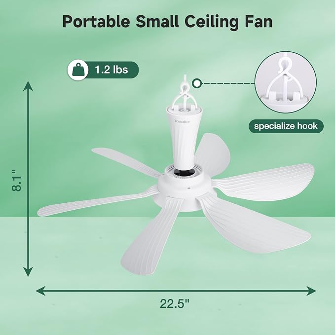 22.5" Plug in Ceiling Fan for Outdoor Gazebo Patio Canopy Tent, 13.2 Ft Long Cord with on/off Button, alternate product view
