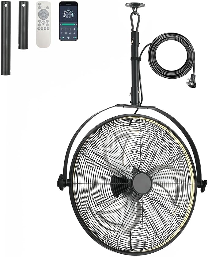 22.8" Outdoor Hanging Ceiling Fan with Light - 360 Rotatable Fixed Angle,Plug-in,3CCT Dimmable,6 Speeds,Timer &