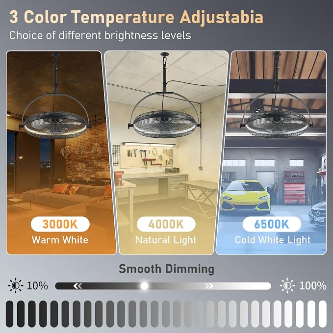 22.8" Outdoor Hanging Ceiling Fan with Light - 360 Rotatable Fixed Angle,Plug-in,3CCT Dimmable,6 Speeds,Timer &