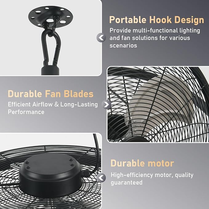 22.8" Outdoor Hanging Ceiling Fan with Light - 360 Rotatable Fixed Angle,Plug-in,3CCT Dimmable,6 Speeds,Timer &