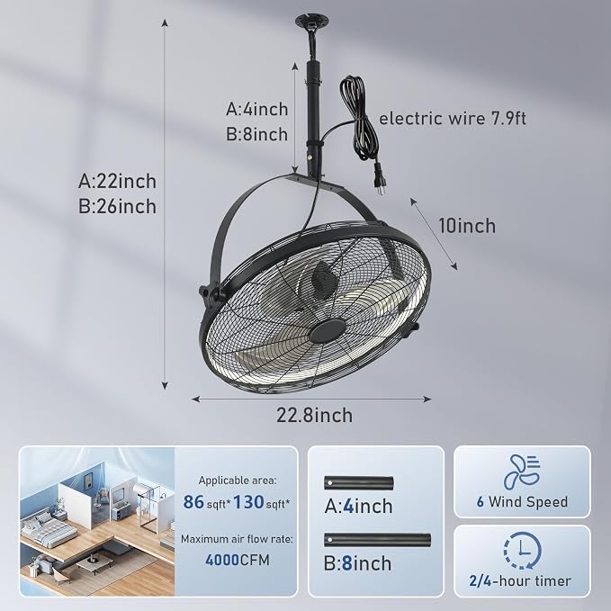 22.8" Outdoor Hanging Ceiling Fan with Light - 360 Rotatable Fixed Angle,Plug-in,3CCT Dimmable,6 Speeds,Timer &