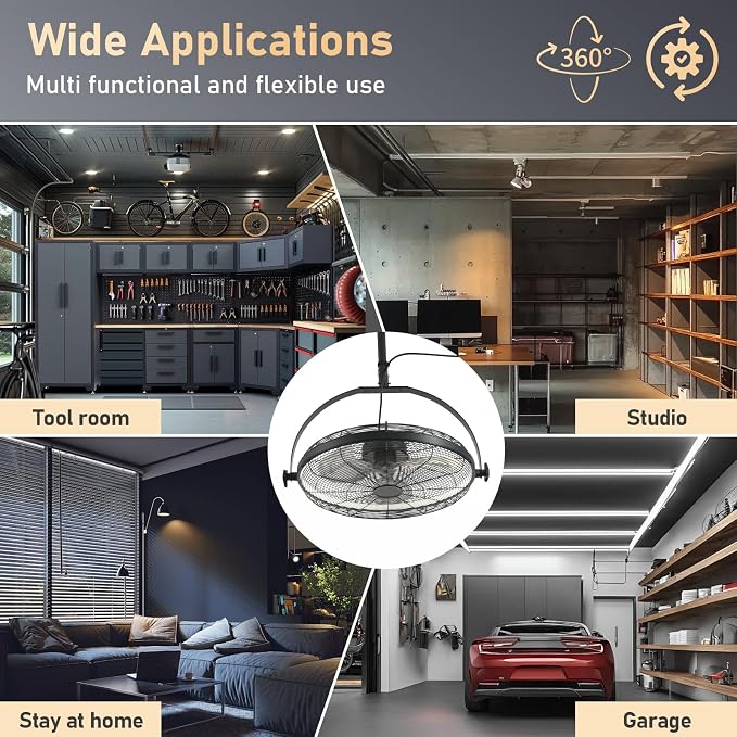 22.8" Outdoor Hanging Ceiling Fan with Light - 360 Rotatable Fixed Angle,Plug-in,3CCT Dimmable,6 Speeds,Timer &