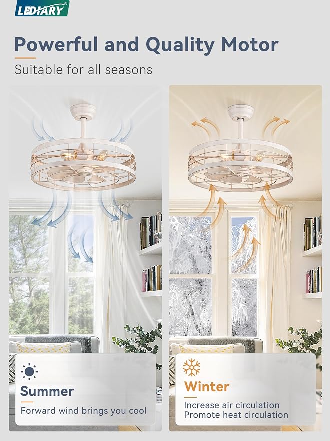22 inch Caged Ceiling Fan with Light, Bladeless Industrial Ceiling Fan with Remote, Farmhouse Fan Lights Ceiling Fixtures for