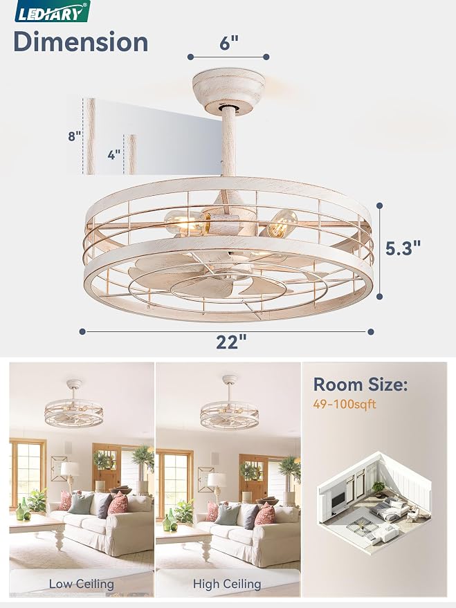 22 inch Caged Ceiling Fan with Light, Bladeless Industrial Ceiling Fan with Remote, Farmhouse Fan Lights Ceiling Fixtures for