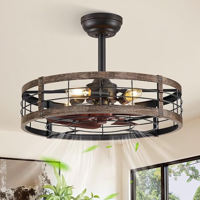 22 Inch Caged Ceiling Fan with Light, Fandelier Farmhouse Ceiling Fan with Remote, Small Bladeless Fan Lights Ceiling