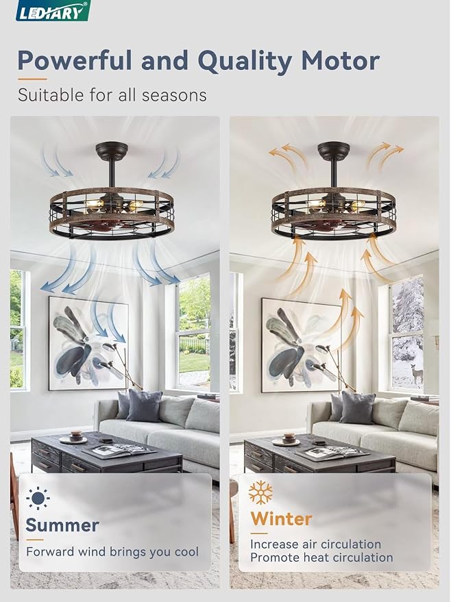 22 Inch Caged Ceiling Fan with Light, Fandelier Farmhouse Ceiling Fan with Remote, Small Bladeless Fan Lights Ceiling