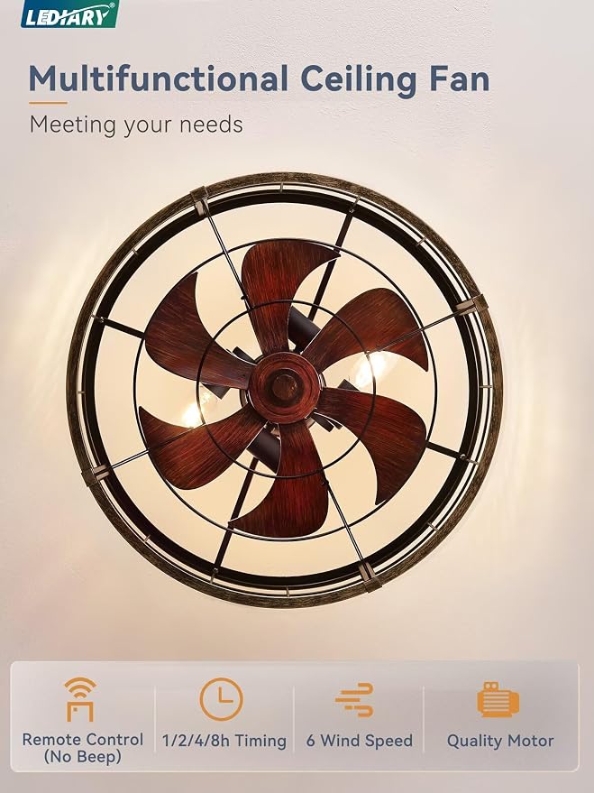 22 Inch Caged Ceiling Fan with Light, Fandelier Farmhouse Ceiling Fan with Remote, Small Bladeless Fan Lights Ceiling