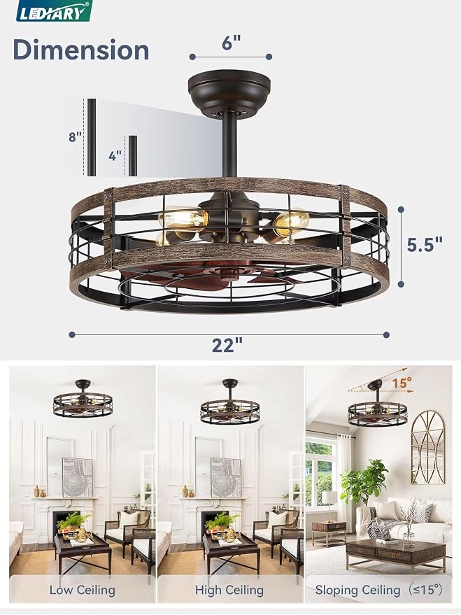 22 Inch Caged Ceiling Fan with Light, Fandelier Farmhouse Ceiling Fan with Remote, Small Bladeless Fan Lights Ceiling