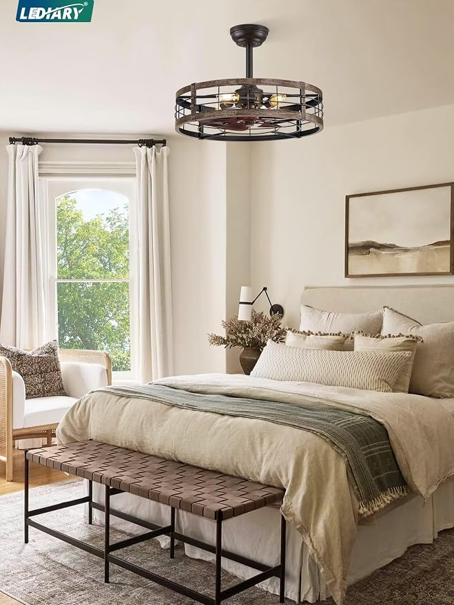 22 Inch Caged Ceiling Fan with Light, Fandelier Farmhouse Ceiling Fan with Remote, Small Bladeless Fan Lights Ceiling