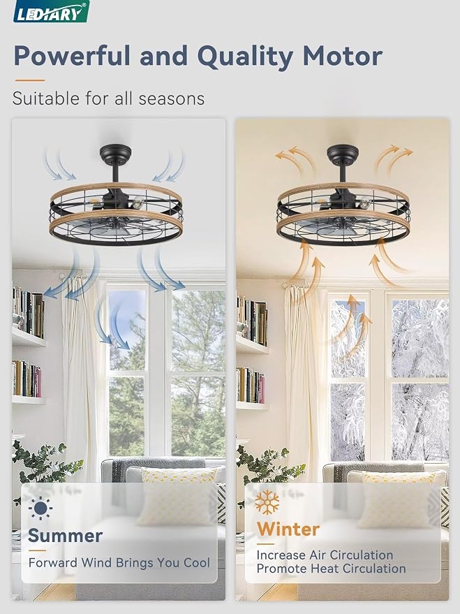 22 inch Caged Ceiling Fan with Light, Fandelier Industrial Ceiling Fan with Remote, Farmhouse Fan Lights Ceiling Fixtures for