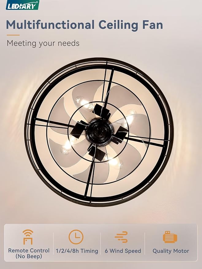 22 inch Caged Ceiling Fan with Light, Fandelier Industrial Ceiling Fan with Remote, Farmhouse Fan Lights Ceiling Fixtures for