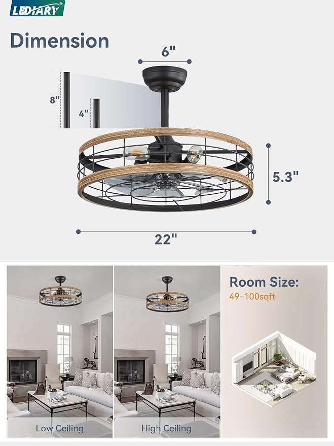 22 inch Caged Ceiling Fan with Light, Fandelier Industrial Ceiling Fan with Remote, Farmhouse Fan Lights Ceiling Fixtures for