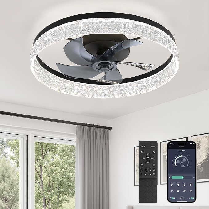 22 Inch Ceiling Fans with Lights and Remote, Fandelier Low Profile Ceiling Fan, 3000K-6000K Dimmable Flush Mount LED Fan