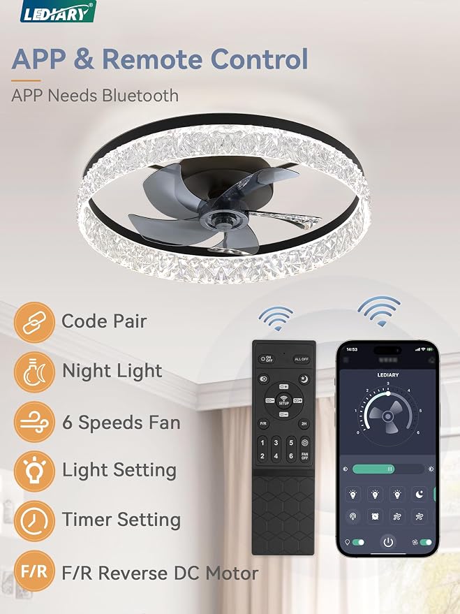 22 Inch Ceiling Fans with Lights and Remote, Fandelier Low Profile Ceiling Fan, 3000K-6000K Dimmable Flush Mount LED Fan