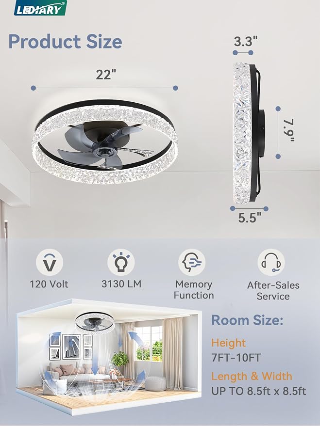 22 Inch Ceiling Fans with Lights and Remote, Fandelier Low Profile Ceiling Fan, 3000K-6000K Dimmable Flush Mount LED Fan