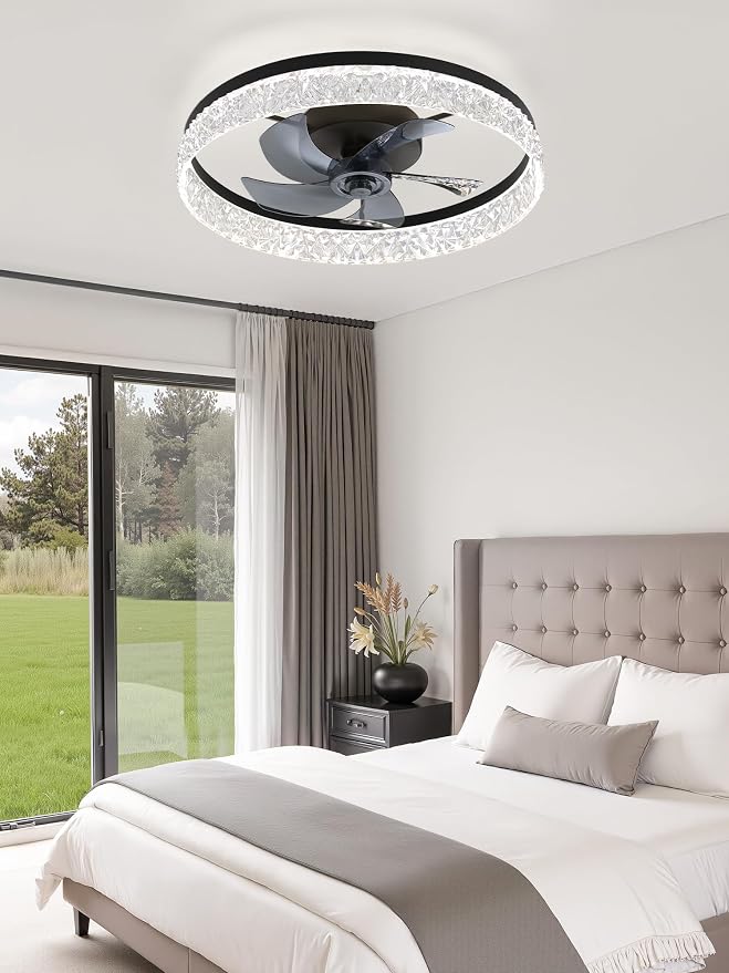 22 Inch Ceiling Fans with Lights and Remote, Fandelier Low Profile Ceiling Fan, 3000K-6000K Dimmable Flush Mount LED Fan