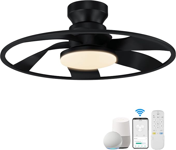 22” Smart Low Profile Ceiling Fans with Lights Remote,Quiet DC Motor,Bladeless Flush Mount Ceiling Fan Controlled by WiFi