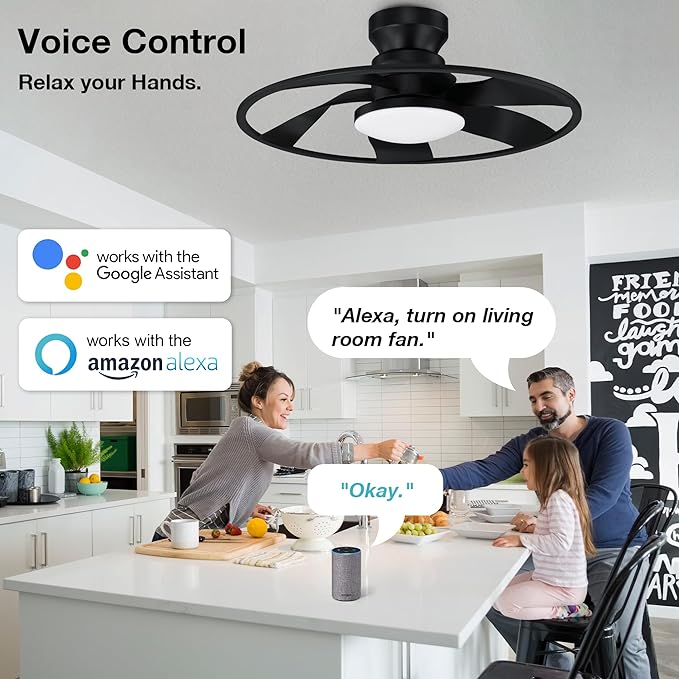 22” Smart Low Profile Ceiling Fans with Lights Remote,Quiet DC Motor,Bladeless Flush Mount Ceiling Fan Controlled by WiFi